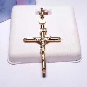 Estate 1 1/2" tall Italian 14Kt Y/Gold Polished detailed Crucifix Pendant #22456